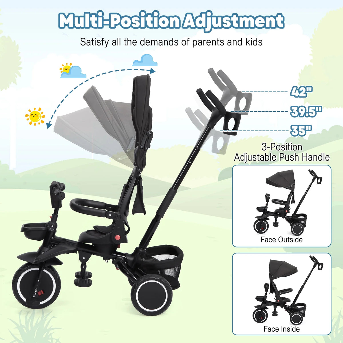 Folding Toddler Tricycle with Adjustable Canopy and Storage M59371